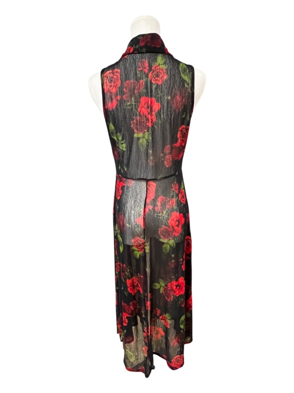 EUC Ember Black Red Rose Sheer Mesh Maxi Duster Open Front | Size M - Picture 4 of 9